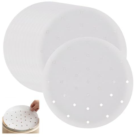 Ebksqs 100 Stücke Bambusdämpfer Papier - 23 Cm Rundes Anti-Haft Dampfgarer Papier Für Dim Sum & Dumpling Steamer (Perforiert)