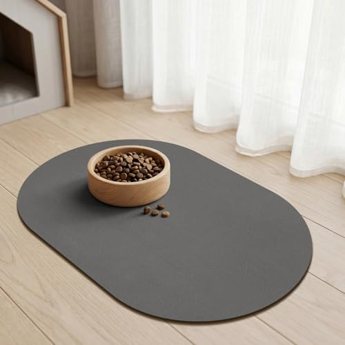 Napfunterlage Hund Katzen, Saugfähige Oval Futtermatte Katzen Hund, Rutschfeste Hundenapf Katzennapf Unterlage, Schnelltrocknend Haustier Futtermatten für Futter- und Wassernäpfe (Dunkelgrau, 30x50cm)