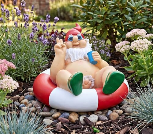 LB H&F Dekofigur nackter Gartenzwerg frecher Zwerg mit Rettungsring lustig witzig Wichtel Gartendeko für Haus und Garten Wetterfest (4)