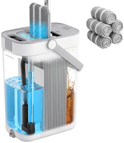 SONGMICS Juego de Fregona y Cubo, Separación de Agua Limpia y Sucia, 3 Compartimentos con Escurridor, Fregona Plana, Cabezal de 360°, 5 Paños de Microfibra, Blanco y Gris LMB001WT05