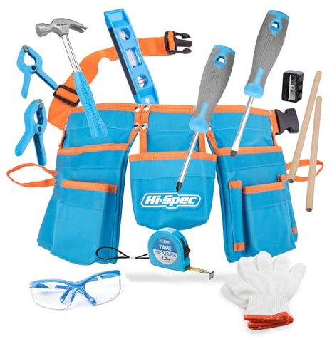 Hi-Spec 16pc Blue Kids Tool Kit Set & Child Size Tool Belt with Real Metal Hand Tools for DIY Building, Woodwork & Construction Learning, Ages 5-7 Years, Includes Safety Glasses & Gloves