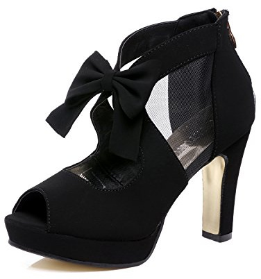 GATUXUS Open Toe Women Platform High Heel Shoes Bows Strappy Sandals (US 7.5, Black)