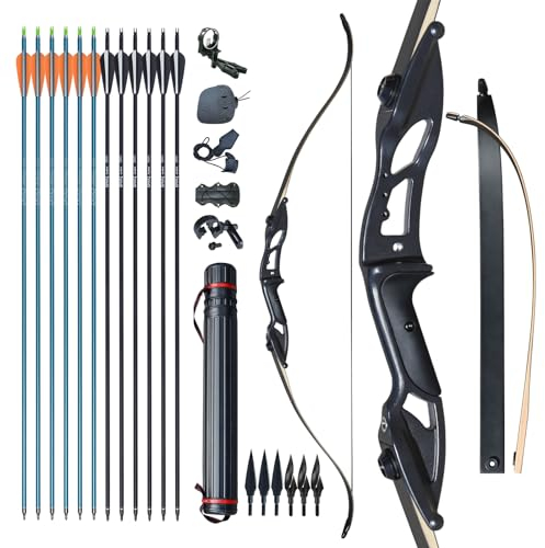 D&Q Recurvebogen Pfeil und Bogen Set 56 Zoll langbogen Rechte Hand Aluminiumlegierung Riser 30-50lbs Jagdbogen für Erwachsene Sportbogen(Schwarz,35lb)