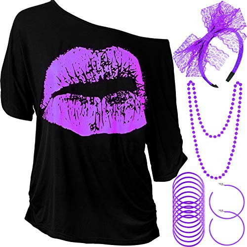 Blulu Women's 1980s Costume Accessories Set, T-Shirt Printed Lip Headband Earrings Necklace Lace Bracelet for 1980s Theme Party