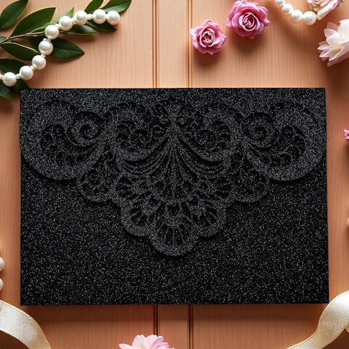Builcker Greeting Card, 20 Pcs Laser Cut Black Glitter Invitation Card for Wedding, Party, Birthday, Graduation, New Year & Other Occasions with Envelope