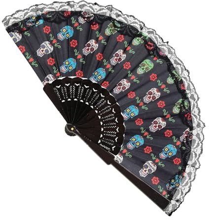 WIDMANN 03381 Dia de los Muertos Éventail en tissu, longueur 23 cm, Jour des morts, Mexique, Halloween, carnaval, fête à thème