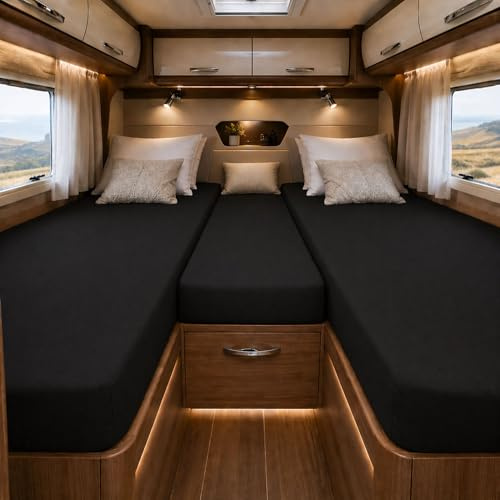 EXKLUSIV HEIMTEXTIL Jersey Spannbettlaken für Wohnmobile Heckbett 3-teilig 2 Längsbetten + 1 Mittelteil 100% Baumwolle Öko - Tex Zertifiziert, Markenqualität, Steghöhe 20 cm, Schwarz