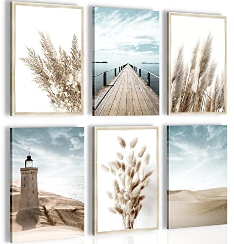 Novart Wandbilder Set Strand Meer Leuchtturm - KOMPLETT AUFHÄNGFERTIG - Made in Germany - Moderne Bilder Wohnzimmer Schlafzimmer - N007164a