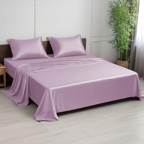 LINENWALAS Set di lenzuola per letto singolo, 300 fili 100% bambù Set biancheria da letto singolo, Set lenzuola in seta con tessitura satinata rinfrescante con 1 lenzuolo con angoli, 1 lenzuolo piano