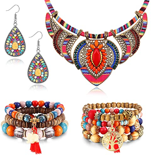 CASSIECA Bohemian Schmuck Set für Damen Ethnostil Modehalskette Mehrlagig Boho Stretch Bead Armband Vintage Ohrringe Baumeln