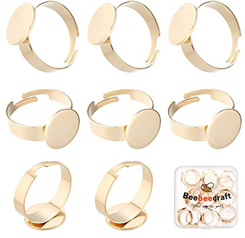 Beebeecraft 20 Stück/Box 24 Karat Vergoldete Edelstahl Ringrohlinge 12 mm Flache Ringbasis Blanko Fingerringe Basiseinstellungen Für DIY Ringe Basteln (Goldfarben)