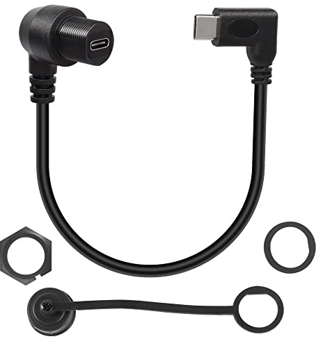 QIANRENON 90 Grad Winkel USB C 3.1 Panel Flush Wasserdichtes Kabel 10 Gbps Type C 3.1 Stecker auf rechtwinklige Buchse Erweiterung Kabel, Gewinde Fixierung Armaturenbrett Panel, 30 cm (Links abbiegen)