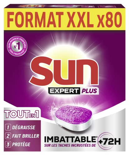 SUN - Pastilles Lave-Vaisselle Tout-en-1 - 80 Capsules - Expert Plus - imbattable sur les taches incrustées de + de 72h - dégraisse et fait briller