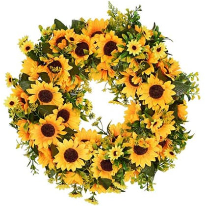 Door Wreath,Decorative Garland,Summer Wreath Yellow Sunflower Green Leaves Garland Artificial Flower Wreath for Front Door 40cm