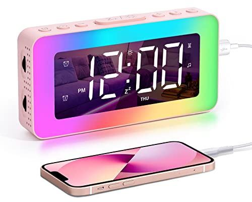 Sukeen Réveil pour Enfants et Adultes - Horloge Numérique avec Double Alarme, 8 Sons de Sommeil, Veilleuses - Minuterie de Sommeil, Chargeur USB - Miroir