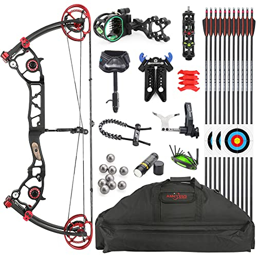 SHARROW Bogenschießen Compoundbogenset Stahlkugel Compoundbogen Kit 45-65lbs/50-70lbs Jagdbogen Dual-Zweck Katapult Stahl Ball Compound Bögen und Pfeile Set für Jagd Angeln (50-70lbs, Schwarz&Rot)