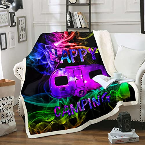 Homewish Camper Auto Fleece Decke 130x150cm Hippie Regenbogen Rauch Camping Wurf Decke Trippy Rauch Sherpa Decke für Kinder Jungen Erwachsene Männer Frauen, Weiche Leichte Flanell Decke für Couch