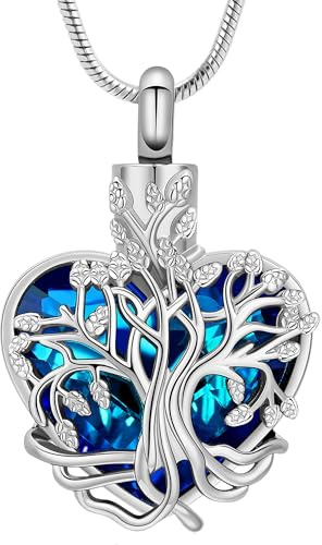 VCCWYQK Collar de urna de árbol de la vida para cenizas de corazón de cremación de acero inoxidable con cristal, urna de regalo para mujeres