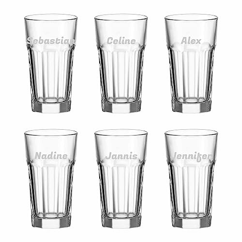 LUXENTU Longdrinkglas mit Gravur, Name horizontal, 340 ml, 6 Stück | Personalisierte Trinkgläser, Namensgravur, robustes Glas für Cocktails, Spülmaschinenfest