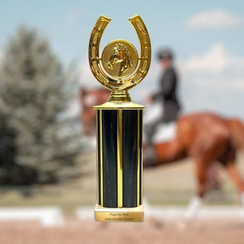 eberin ·Hufeisen Pokal · Reitsport/Pferdesport · Reiter Trophäen · Hufeisen mit Pferd Gold auf Säule Holz/Gold · XL Pokal mit oder ohne Gravur ·