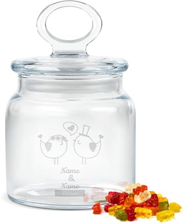 Print Royal PR Personalisierte Keksdose aus Glas mit Gravur zur Hochzeit - 550 ml - Vögel mit Namen und Datum als Geschenk zur Hochzeit | Personalisiertes Geschenk Ideen Hochzeitsgeschenk
