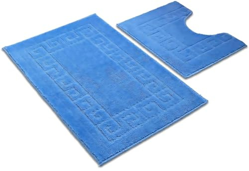 Ambience Products Greek Key Pattern Bath Mats 2 Piece Sets Non Slip Bathroom Mat, Soft Washable Rug Quick Dry Water Absorbent Bathroom Shower Mat & Pedestal Set (Blue)