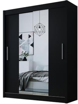 Easy4You D2 120 cm Schwarz Schiebetüren Kleiderschrank 120x200x58 cm mit Spiegel - Schlafzimmermöbel, Aufbewahrung - Mehrzweckschrank