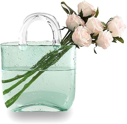 Glass Pocket Vase, Transparent Purse Vase with Fish Bowl, Transparent Hand Basket, Living Room, Flower Arrangement, Creative Bag, Aquarium (Green)