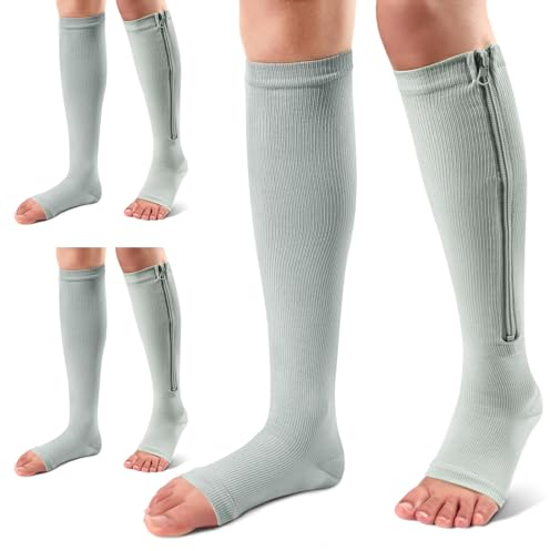 Ailaka 3 Paar Kompressionssocken mit Reißverschluss, 15-20 mmHg Kniestrümpfe für Damen und Herren, Offene Zehen-Design, Atmungsaktiv und Stützend