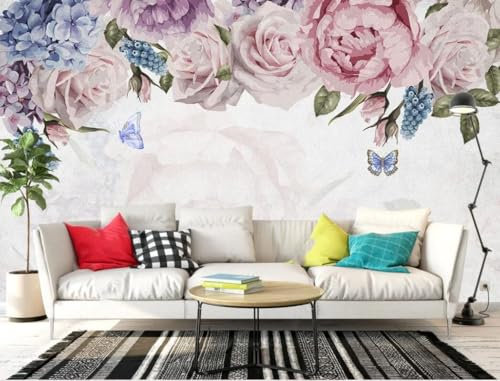 Fototapete Blumen 3D Tapeten 3D Effekt Wohnzimmer Schlafzimmer Vliestapete Handgemalte Aquarell-Rosen Natur Grau Graffiti Steinoptik Kinder Tapeten