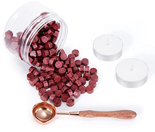 Heveer Achteckige Siegelwachsperlen mit 1 Schmelzlöffel aus Roségold 2 Teelichter für Stempel Umschlag Wachssiegel Beerenrot 200 Stück