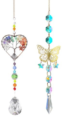 TYXHXTF 2Pcs Attrape-Soleil en Cristal, Arbre de Vie Attrape Soleil Cristal, Papillon Attrape-Soleils en Cristal, Suspendu Suncatcher Pendentif, Cristal Suspendu, pour Fenêtre Jardin Maison