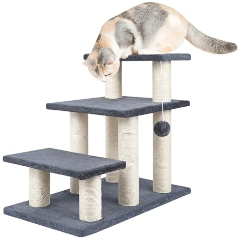SOCATER Dog Stairs, Cat Scratching Post 3 Steps Stairs for Cats and Dogs, Stable 20 inch Pet Stairs for High Beds & Sofas Protect Pet's Joints, Grey