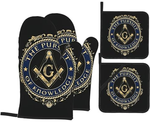 4 Pezzi Set Di Presine Da Cucina Freemasonry Masonic Symbol Guanti Da Forno Resistente Al Calore Guanti Da Cucina Divertenti Guanti Da Barbecue Per Cucinando, Grill, Bbq