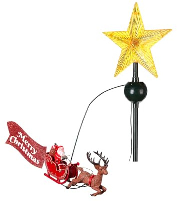 Wintem Punta para árbol de Navidad Amarilla y roja con Estrella y Trineo Giratorio. Ideal para Decorar tu árbol de Navidad de Forma Divertida y práctica. Iluminación LED Interior. 51 x 29 x 8 cm