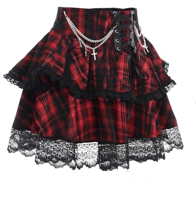 YINGWIN Goth Red Check Pleated Mini Skirt with Chain High Waisted Tennis Skirt Women's Lace Trim Double Layer Gothic Skater Skirt