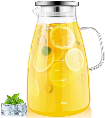Aofmee Glass Pitcher with Lid and Handle, Glass Water Pitcher with Lid, Iced Tea Pitcher, Borosilicate Jugs Carafe for Cold or Hot Beverages, Juice, Milk, Homemade Beverage, Coffee, 3.8 Liter