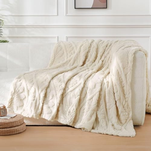 WONGS BEDDING Kuscheldecke Flauschig Boho Decke Fleecedecke 200x220 cm, Sofadecke Wolldecke Couchdecke Warme Weiche Decken Überwurf für Sofa Couch Bett, Weiß Creme