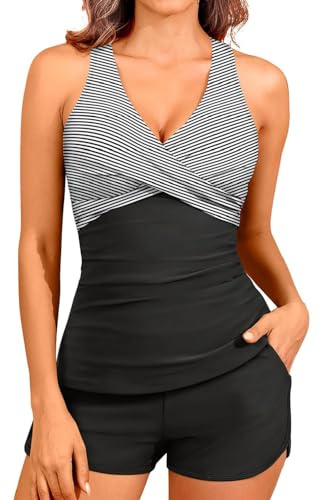 CheChury Maillot de Bain Deux Pièce Sexy Col V Tankini Gainant Ventre Plat Maillot de Bain Femme 2 Pieces avec Short Taille Haute Tankini Push Up Rembourré Grande Taille Maillots Deux Pièces Imprimé
