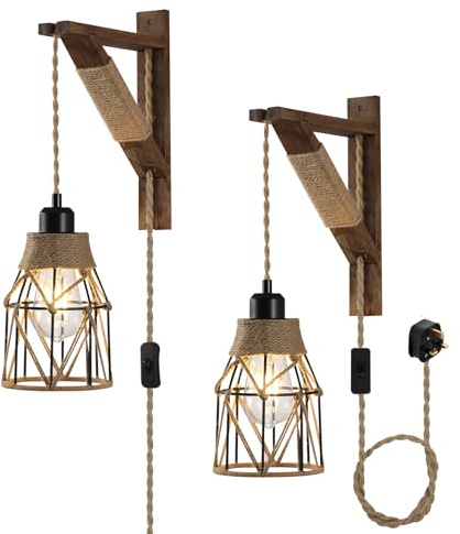 KEESFU Plug-in Wall Lights Set of 2 - Wall Sconces for Bedroom with Metal Cage & Wooden Bracket, Industrial Wall Lamp with On/Off Switch Vintage Adjustable Wall Light for Headboard & Living Room.