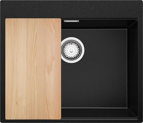 PRIMAGRAN Lavello da Cucina al Mobile 60cm + Kit di scarico, 58x50cm | Set: Kit di scarico (sifone, piletta, troppopieno) + Tagliere + Lavandino in Granito a 1 Vasca - Oslo Top, Nero