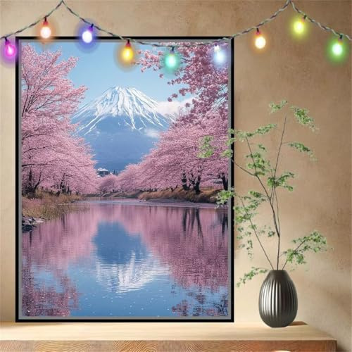 Fuji,Fluss Malen nach Zahlen für Erwachsene Anfänger,DIY Paint by Numbers Acrylpigment Ölgemälde Kunsthandwerk Kit,Bastelset Malen Nach Zahlen Kinder für Geschenk Home Wand Décor 70x90cm 54N-6586