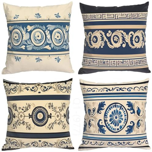Nordeuropa Kissenbezug 80x80 cm, Outdoor Kissen Blau Muster Design, 4er Set Doppelseitig HD Drucken Wetterfest Leinen Kissenbezüge mit Unsichtbarem Reißverschluss für Outdoor Deko Kissen Aesthetic