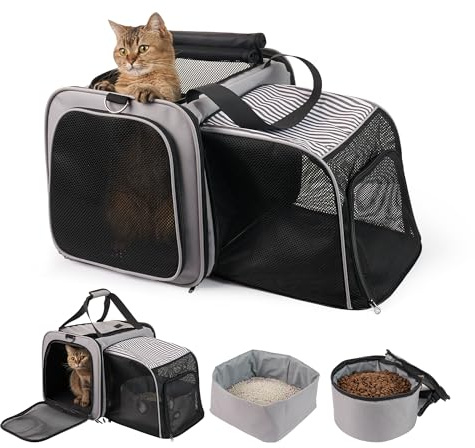Katzentragetasche mit Katzentoilette, erweiterbare Katzentrage für Autoreisen, tragbare weiche Katzentragetasche mit Futterträger, bis zu 9 kg für Autoreisen, Camping, Wandern, Grau
