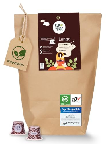 CUP VERDE Lungo Kaffeekapseln kompostierbar - [80 Kapseln - kompatibel mit Nespresso®] - Kaffee - 100% Arabica - ohne Aluminium - Kapselkaffee - Röstkaffee - Kaffeegenuss - Vorratspackung - Bürokaffee