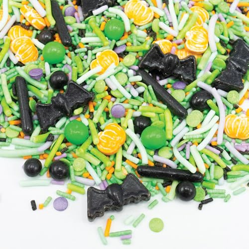Happy Sprinkles Fright Night Halloween Mix 90g - Green, purple, orange and black Edible Cake Decorations with bats, and pumpkins - HS0773