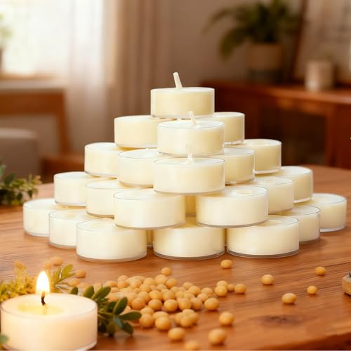 25 lumini naturali inodore in 100% cera di soia, durata 4 ore, senza paraffina, atossici, vegani, in tazza trasparente