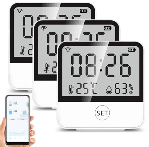 3 Stück WLAN Hygrometer Thermometer Innen, Smart-Temperatur- und Feuchtigkeitssensor mit App Benachrichtigung und kostenlose Datenspeicherung, kompatibel mit Alexa-& Google-Home