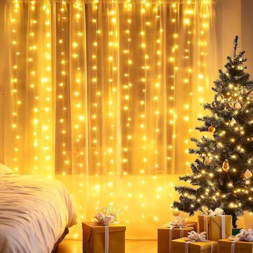 Aigostar 2×2m 200LED Lichtervorhang Weihnachten, 8 Modi Lichterkette Vorhang, IP44 Wasserdicht mit Timer, für Zimmer, Außenbereich (Warmweiß)