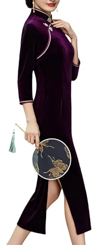 Générique Robe Chinoise Longue en Velours pour Femme Style Cheongsam Col Mandarin Coupe Ajustée Manches 3/4 Moulante Couleur Unie Robe Qipao en Velours avec Fente Latérale Sexy Violet Taille M.